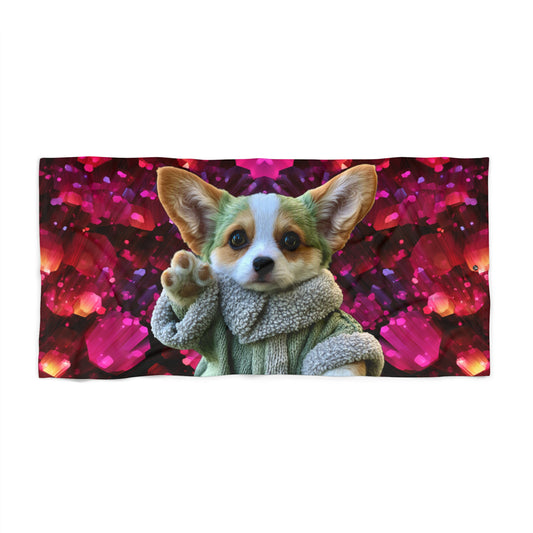 Baby Corgi Star Warrior Beach Towel - Black Red & Purple Pool Wrap