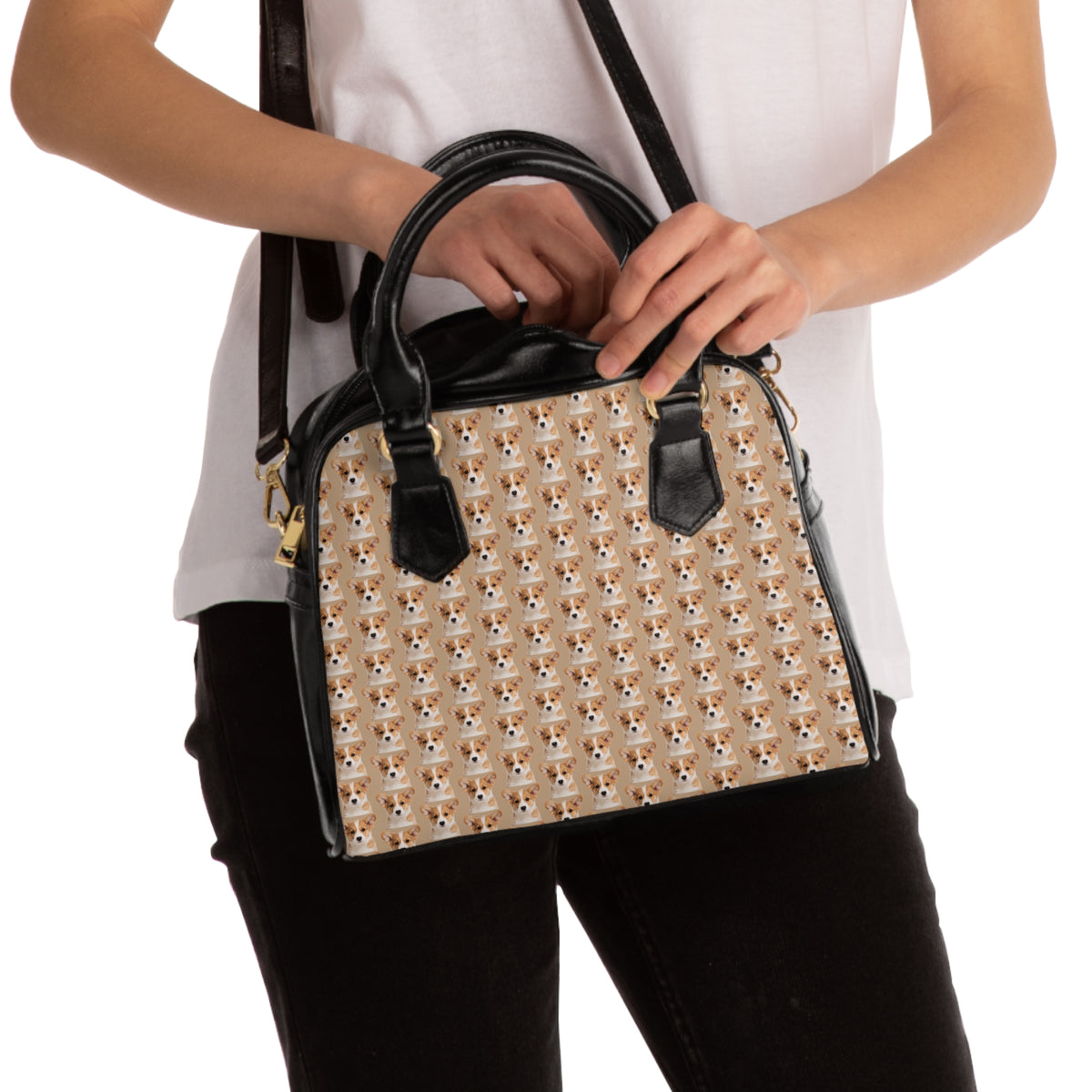 Delightfully Precious Corgi Puppy Face - Repeater Pattern Tan & Black Shoulder Handbag