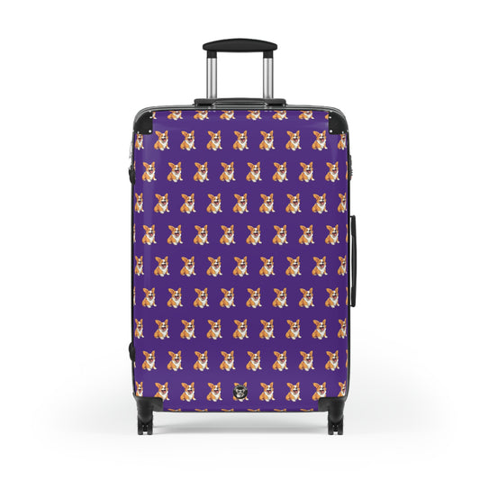 Jolly Jiggling Animated Corgi Repeater Pattern Travel Suitcases — Purple Corgi Rolling Luggage