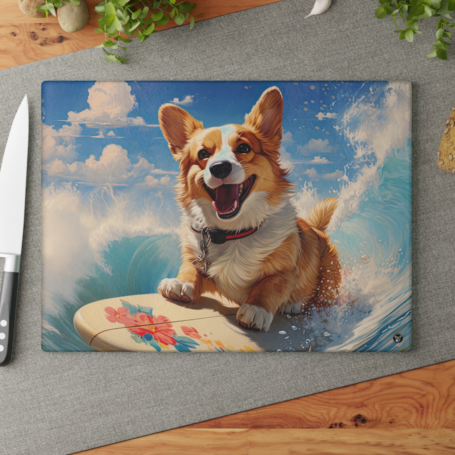 Cowabunga Corgi - Glass Cutting Board
