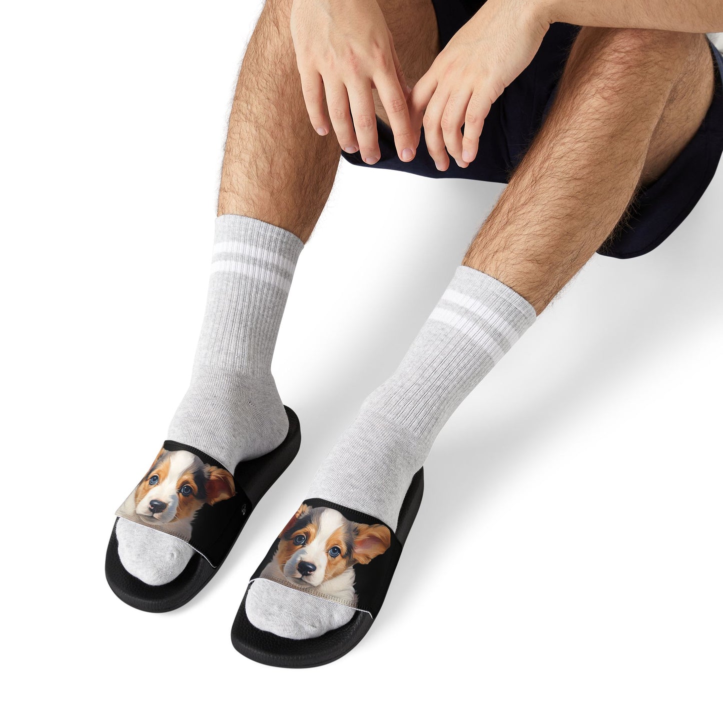 Puppy Dog Eyes Corgi Portrait Men's Black Slide Sandals - Casual Pool & Beach Slides