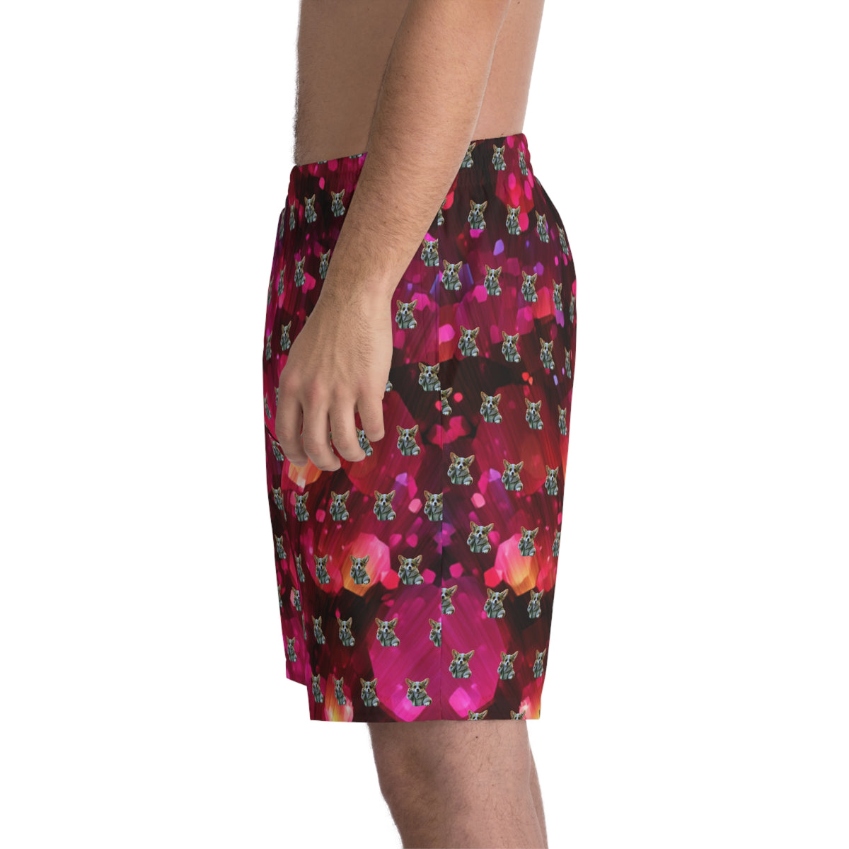Baby Corgi Star Warrior Board Shorts - Black Red & Purple Galaxy Glitter Swimsuit