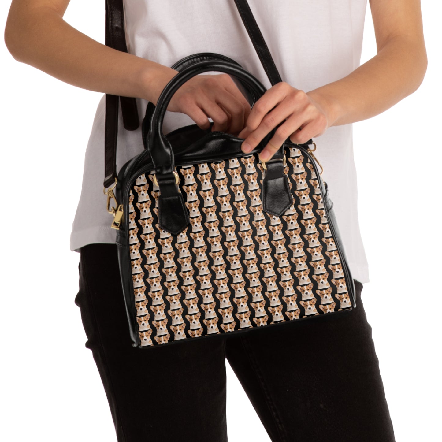 Corgi Puppy Portrait Pattern - Mosaic Tan & Black Shoulder Handbag