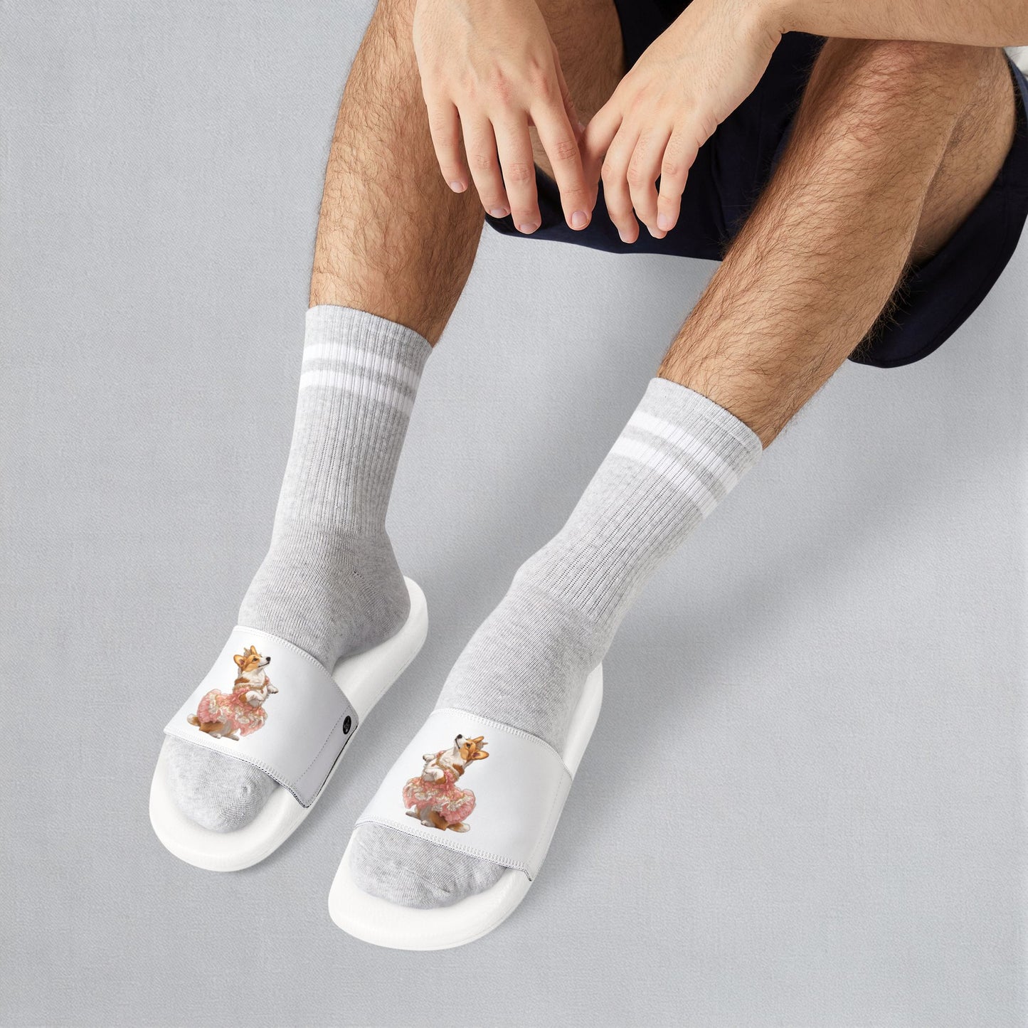 Princess Corgi White & Rose Men's Slide Sandals - Casual Pool & Beach Slides