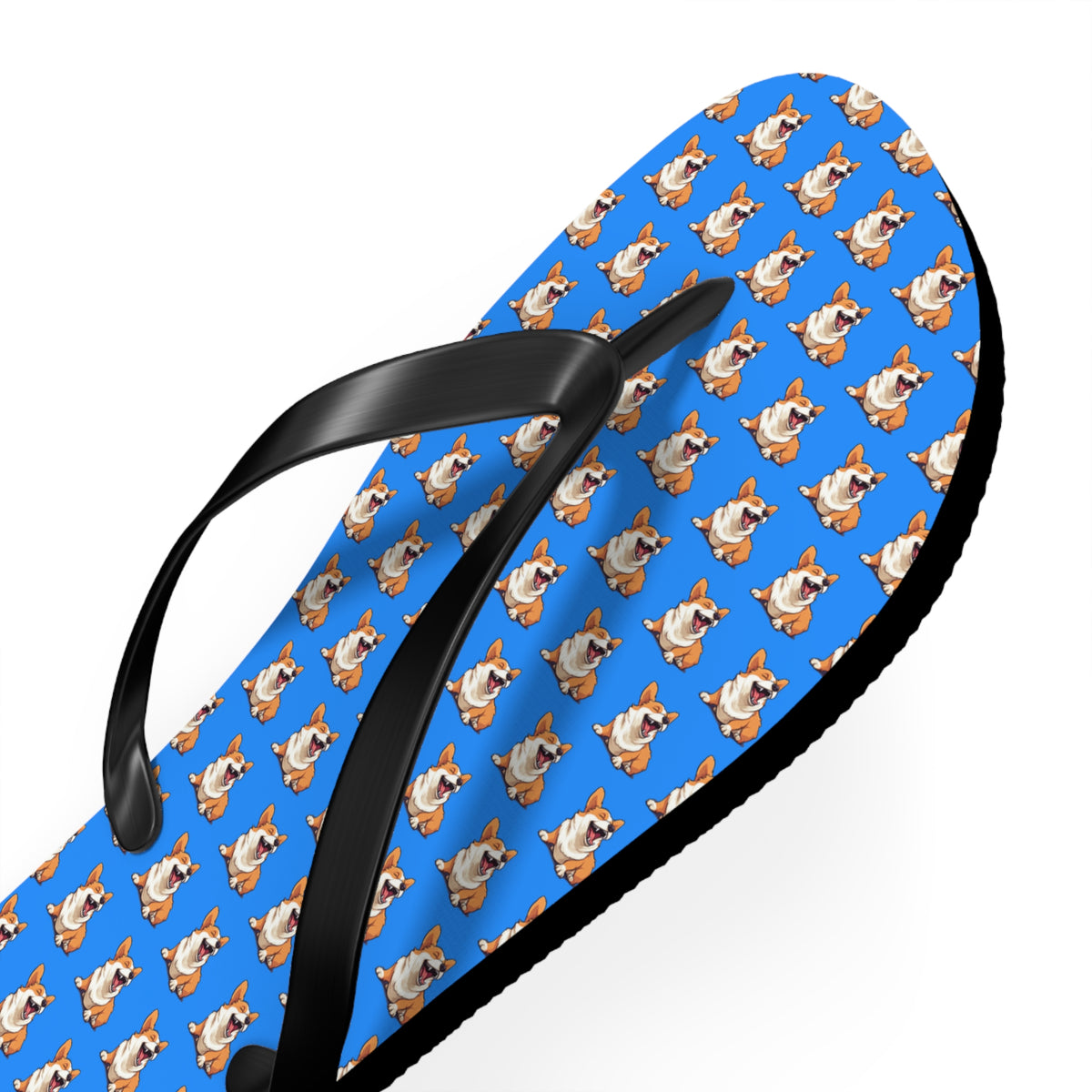 Comical Corgi All Smiles Repeater Pattern Artistic Unisex Flip Flops — Cute & Funny Corgi Themed Blue Sandals