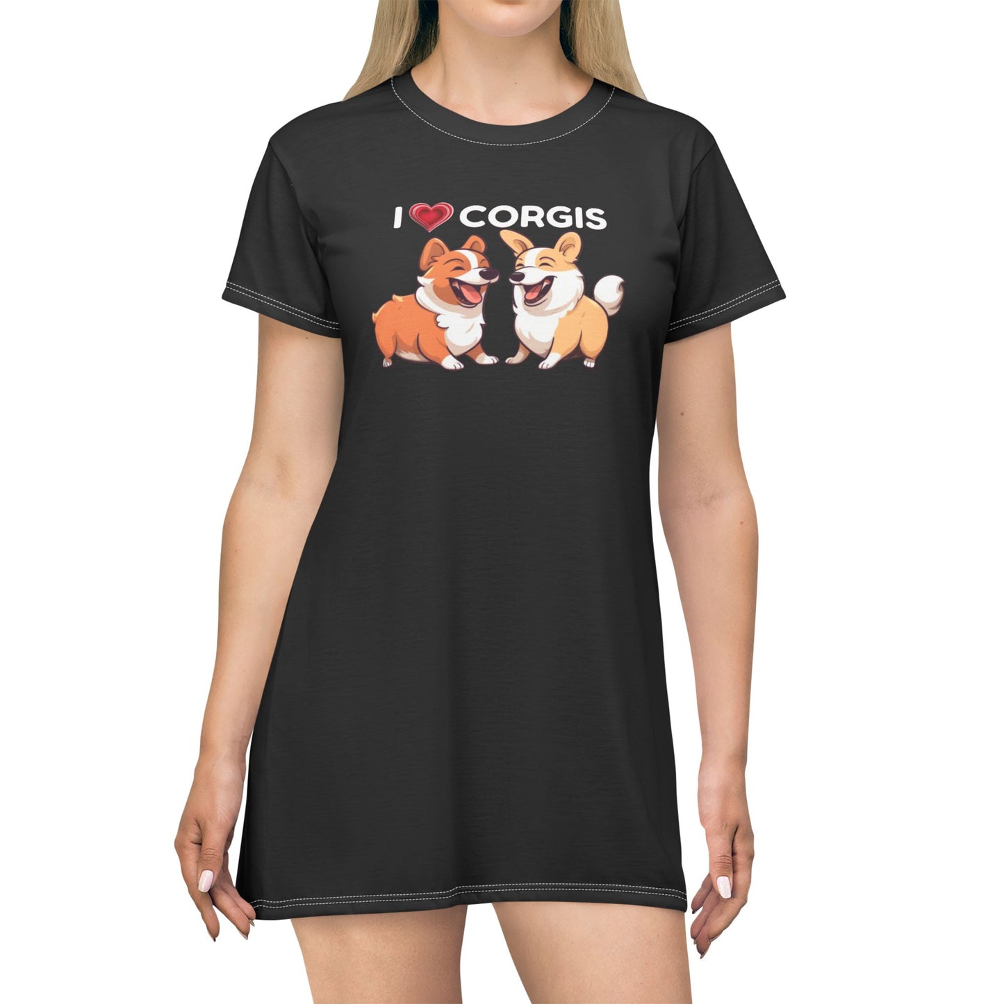 Robe T-shirt noire « J'adore les Corgis »