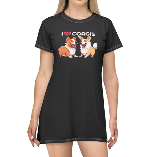Robe T-shirt noire « J'adore les Corgis »