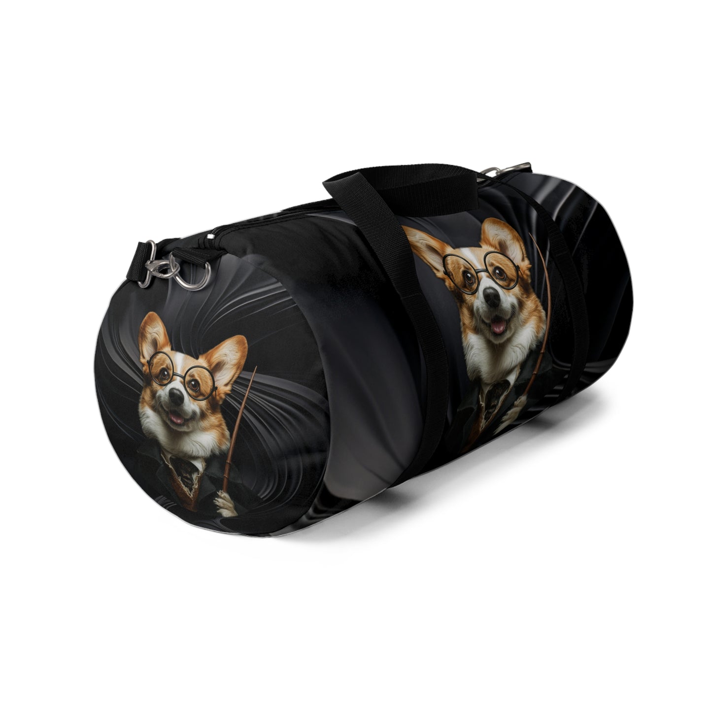Corgi Potter Magic Wand Duffel Bag - Wizard Theme Swirling Black Corgi Travel Gym Bag