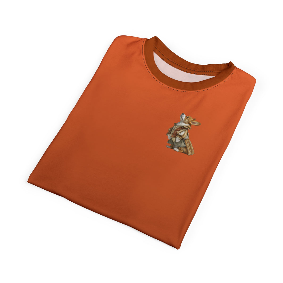Prince Corgi Unisex Bold Designer Tee — Monarch on Marquess Marmalade with Valiant Virago Sleeves
