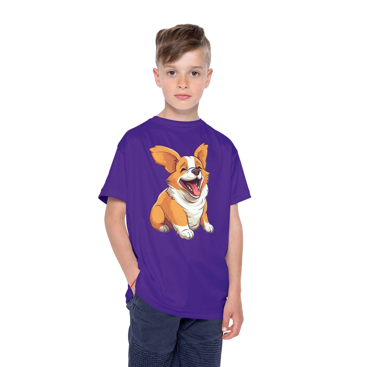 Jolly Jiggling Animated Corgi Kid's Purple Sports Tee