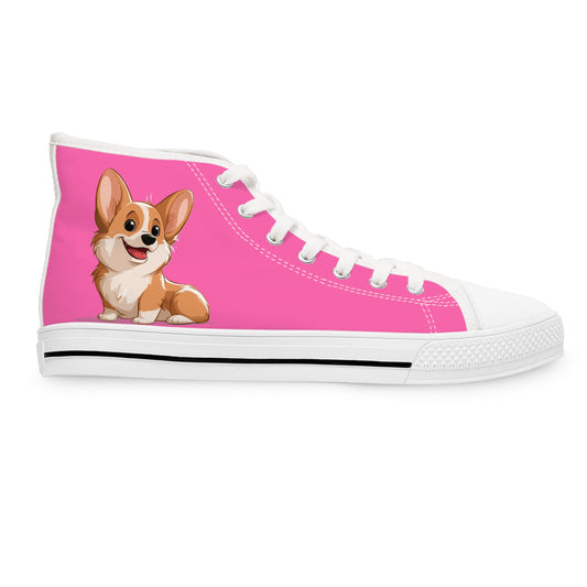 Cuddly Corgi Puppy Animation Hot Pink Women's High Top Casual Canvas Sneakers