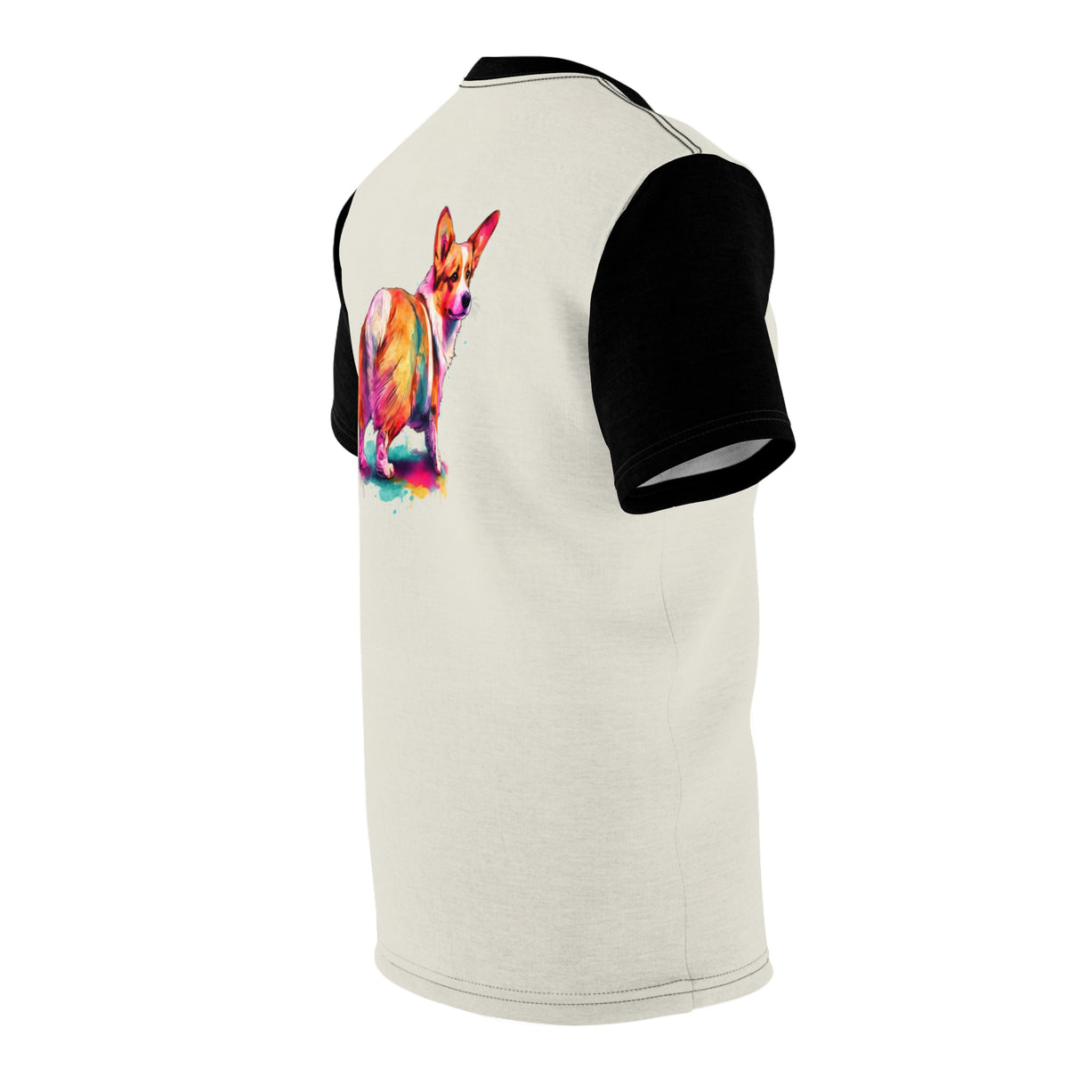 Waddle Mottle Maximized Unisex Bold Designer Tee - Watercolor Corgi on Crema with Phantom Black Sleeves