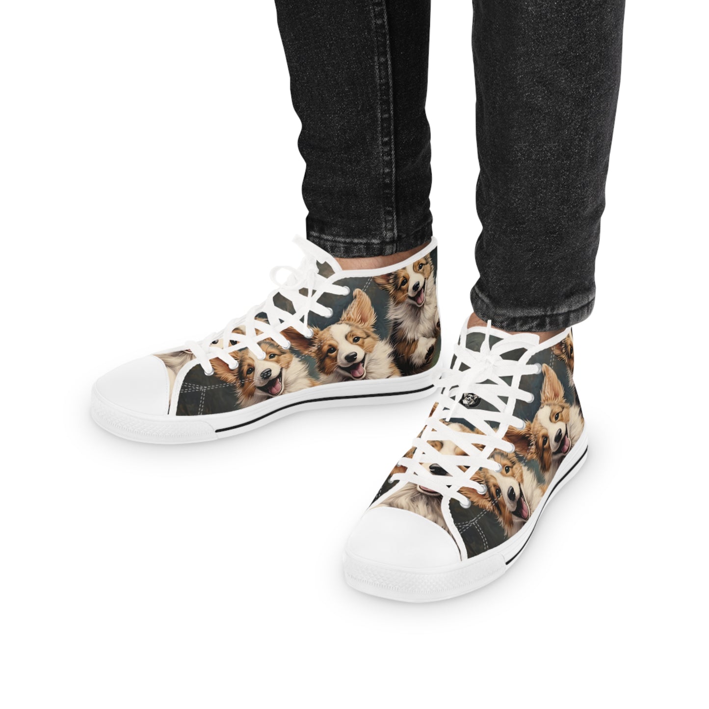 Corgi Puppies Pouncing Print Men's High Top Casual Canvas Sneakers