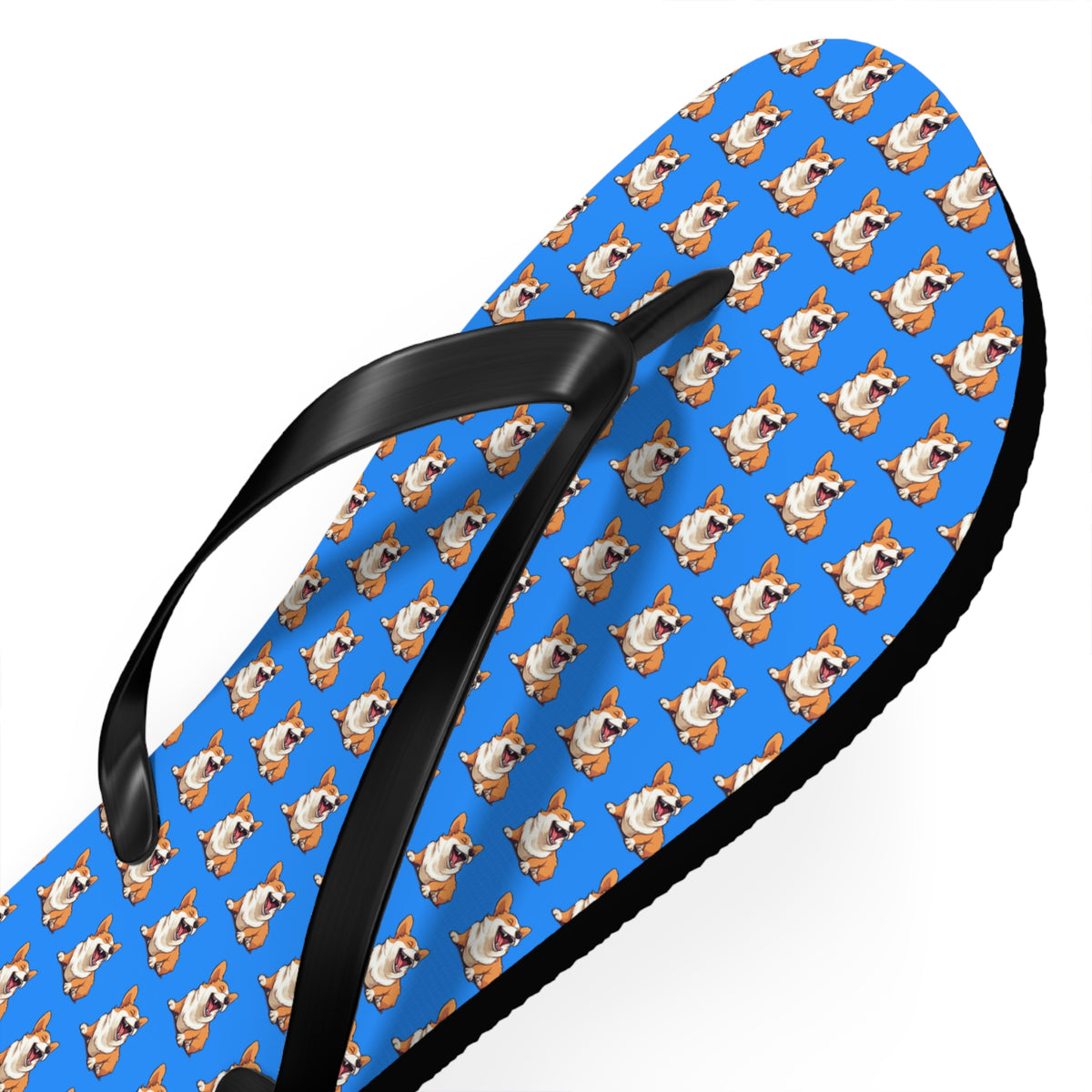 Comical Corgi All Smiles Repeater Pattern Artistic Unisex Flip Flops — Cute & Funny Corgi Themed Blue Sandals