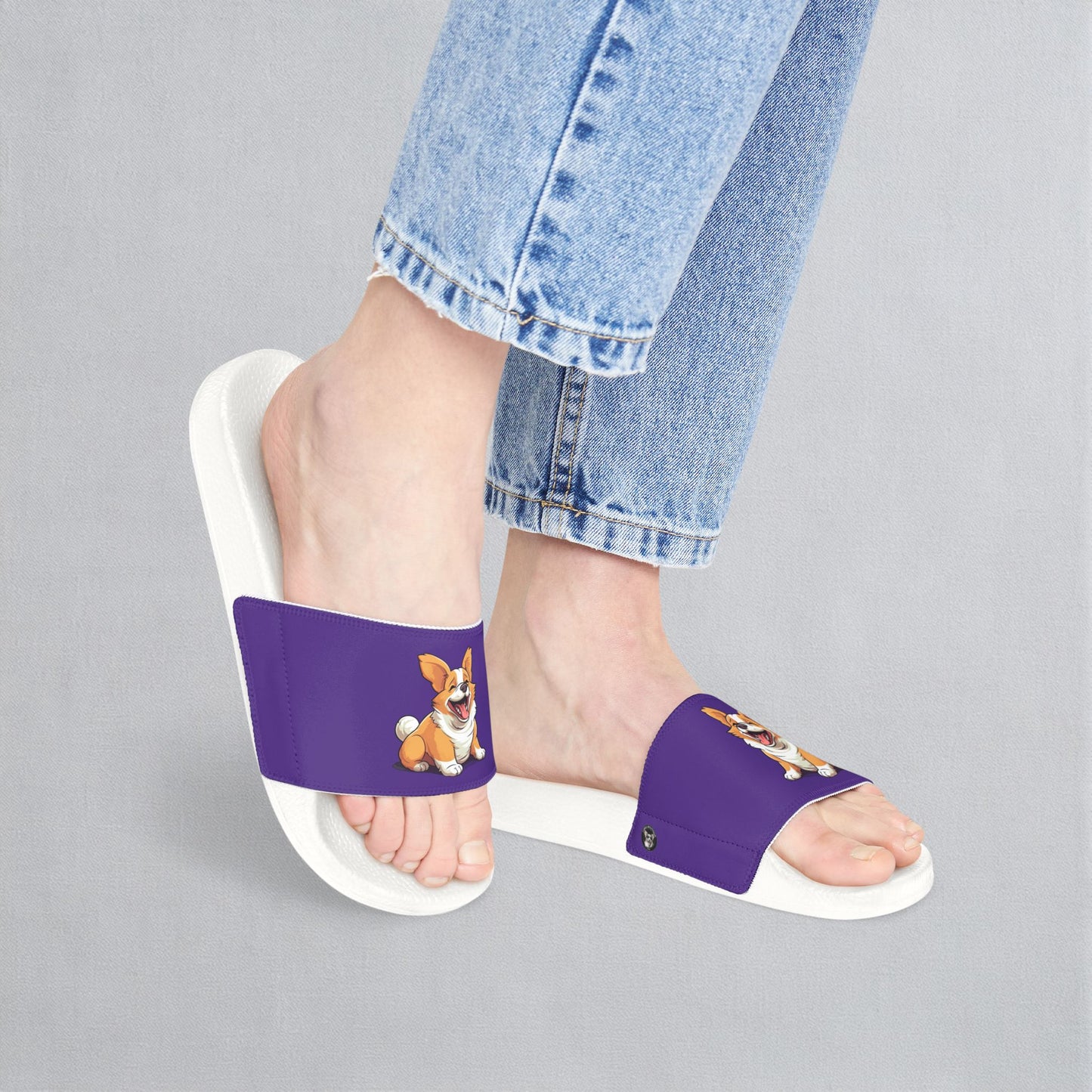 Jolly Jiggling Corgi Women's Purple Slide Sandals - Casual Pool & Beach Slides