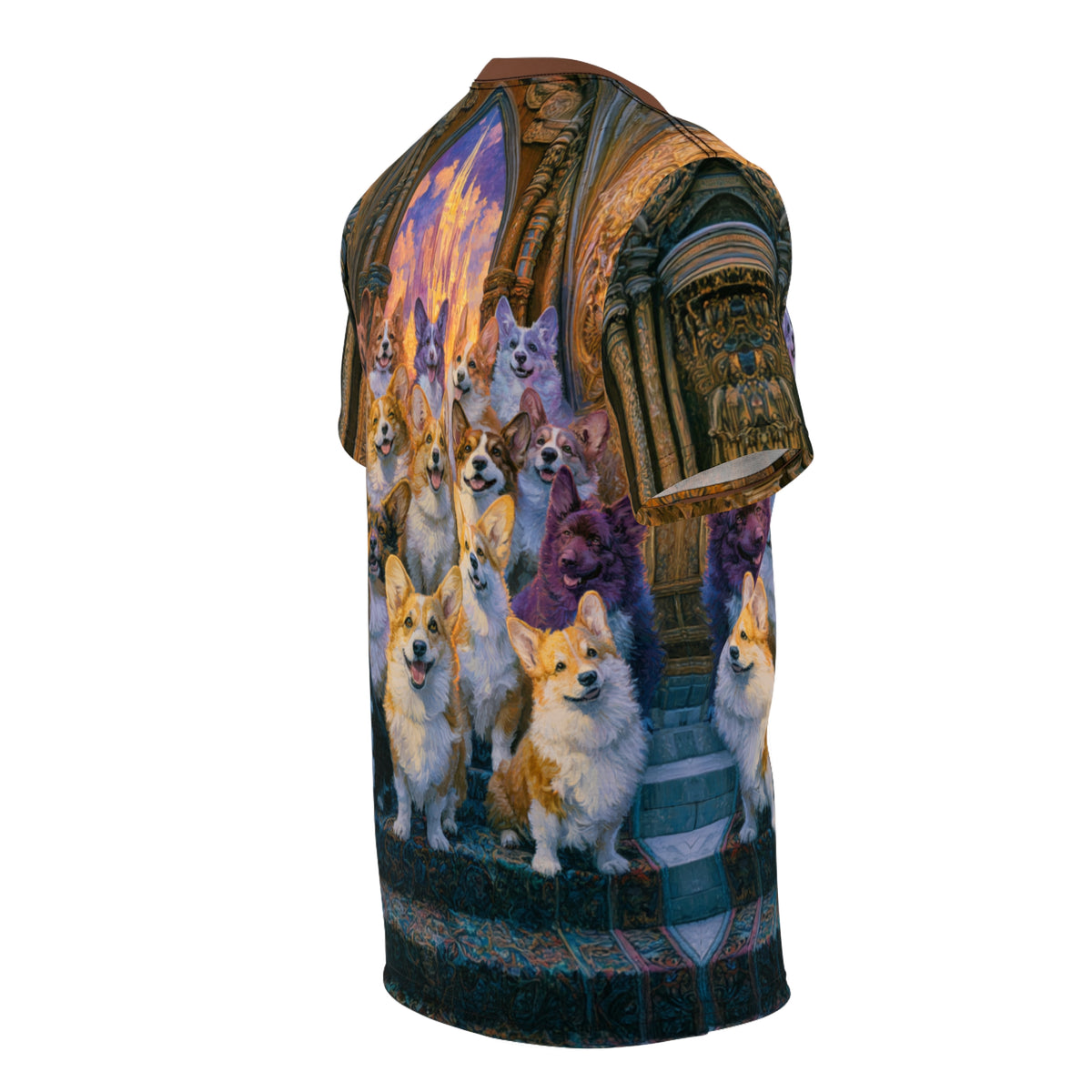 Pearly Gates Await Unisex Bold Designer Tee - Heavenly Corgis on Antique Divinity