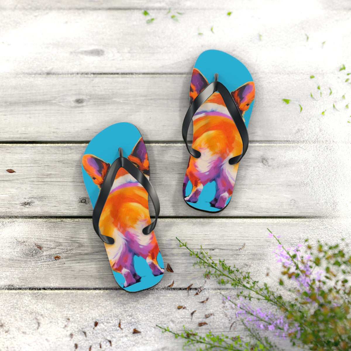 Corgi Butt Artistic Portrait Unisex Flip Flops – Blue Corgi Beach Sandals