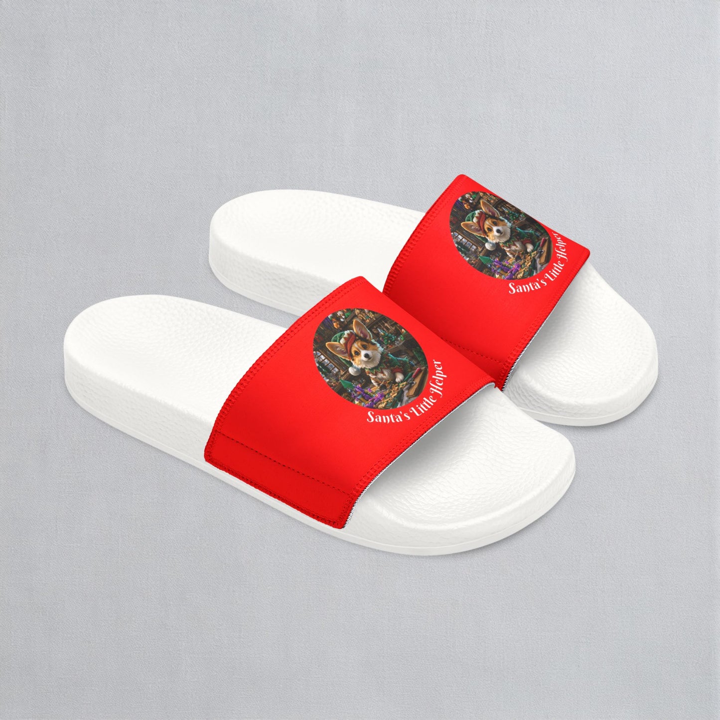 Santa's Little Helper Holiday Corgi Elf Women's Slide Sandals - Casual Pool & Beach Slides