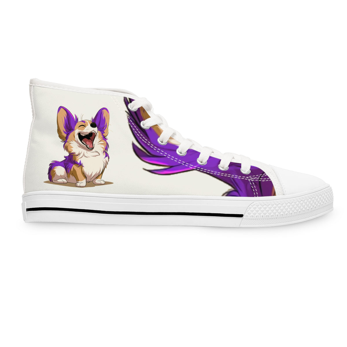 Purple Patch Women's High-Top Sneakers - Carefree Corgi on Marzipan White Canvas with Very Violet Fur-Effect Accents