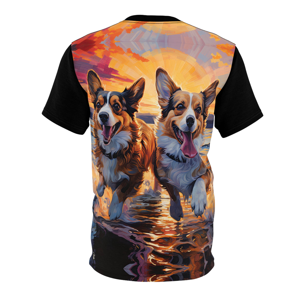 Beach Buds in the Swash Unisex Bold Fashion Tee - Corgis at the Shore with Phantom Black Sleeves