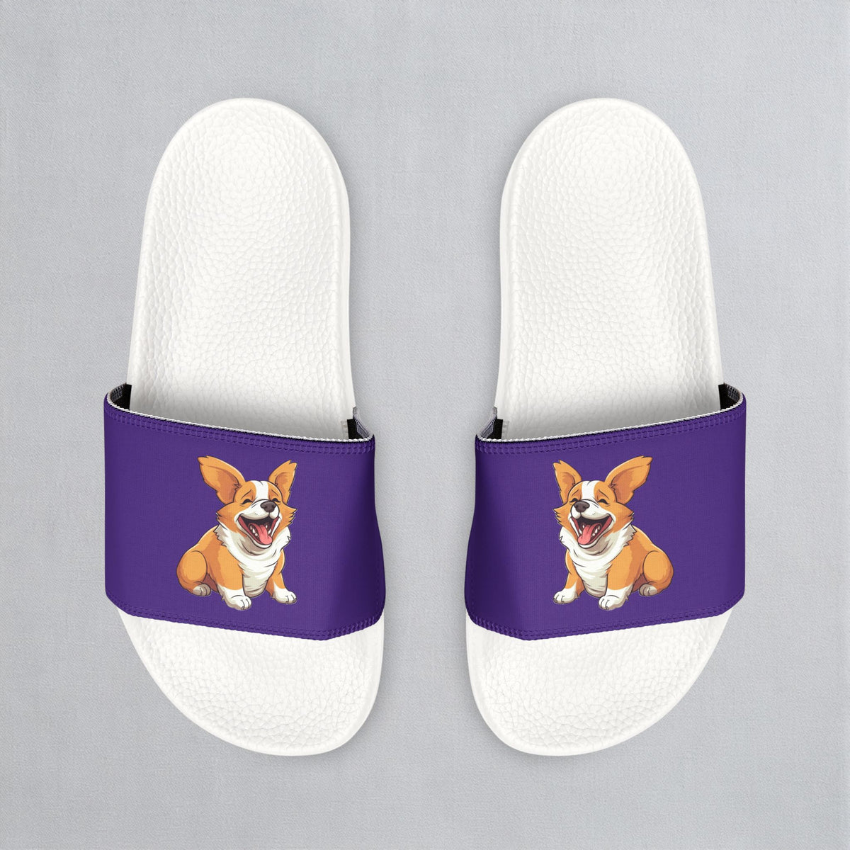 Jolly Jiggling Animated Corgi Women's Purple Slide Sandals - Casual Pool & Beach Slides