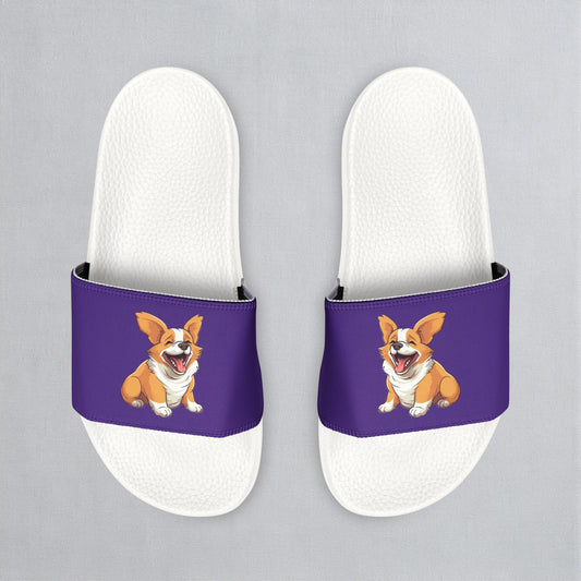 Jolly Jiggling Animated Corgi Women's Purple Slide Sandals - Casual Pool & Beach Slides