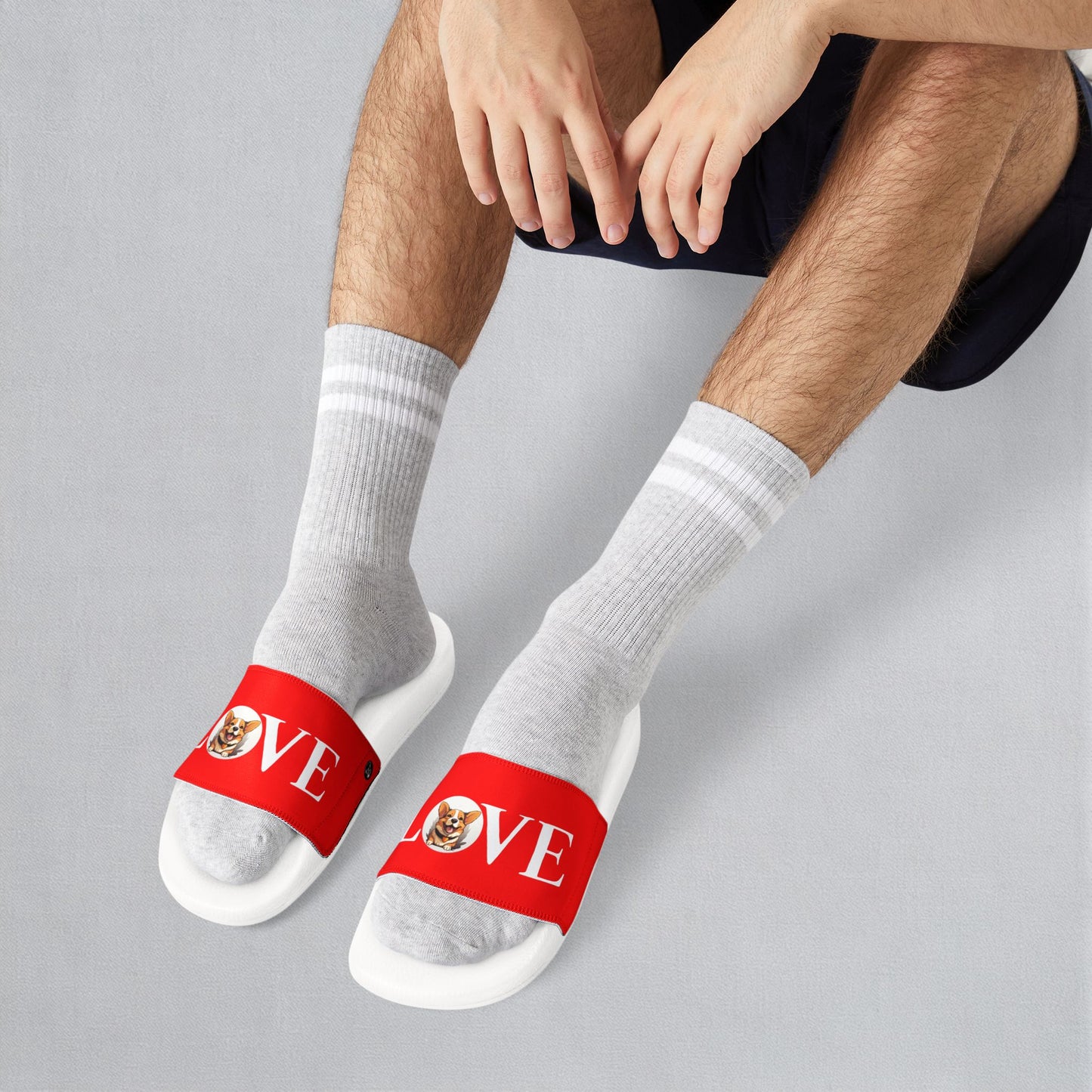 Love More Corgi Men's Red & White Slide Sandals - Casual Pool & Beach Slides
