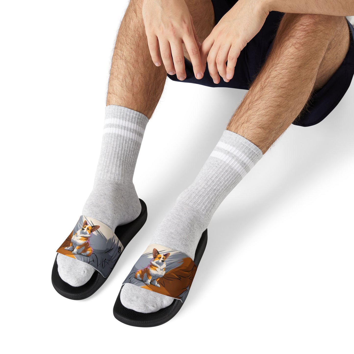 Boss Dog Corgi Artistic Portrait Men's Slide Sandals - Casual Pool & Beach Slides