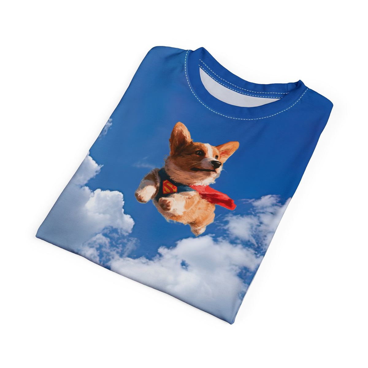Super Corgi Unisex Bold Designer Tee - Dog Star on Cloudy Cobalt Skies