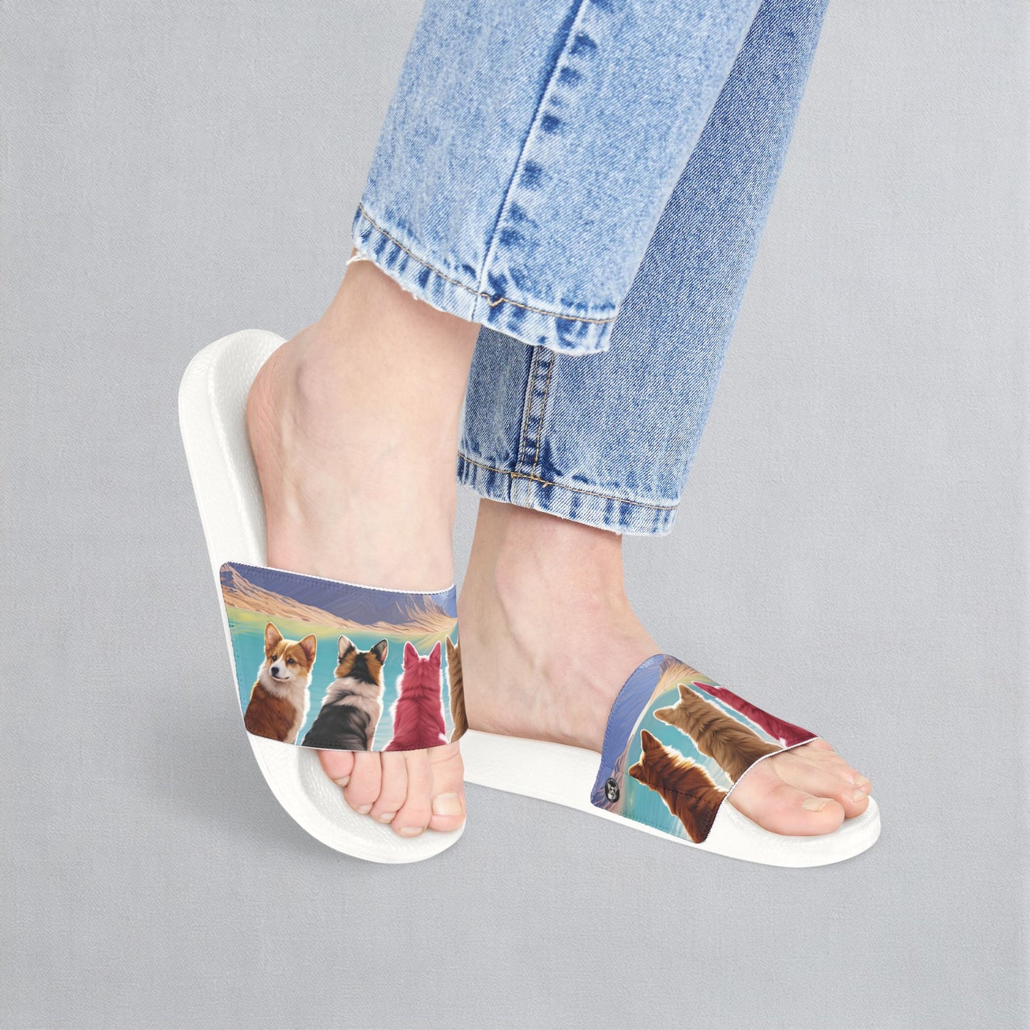Corgi Lake Tranquil Portrait Women's Idyllic Slide Sandals - Casual Pool & Beach Slides