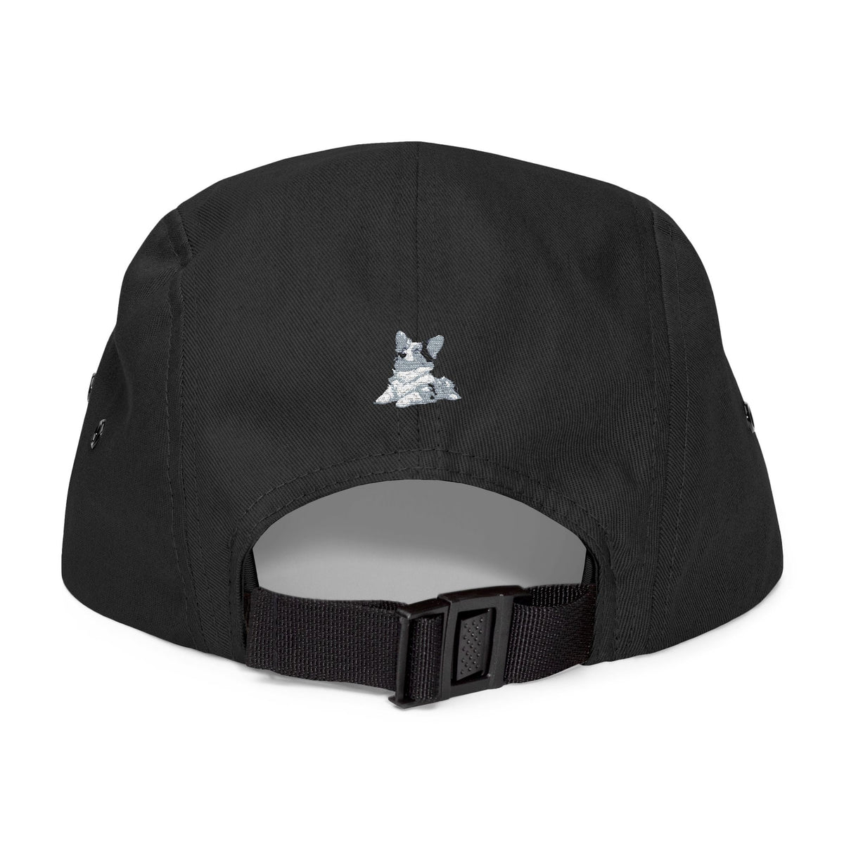 Blue Merle Majesty 5-Panel Embroidered Camp Cap — Designer Corgi Headwear in Monarch Navy or Phantom Black