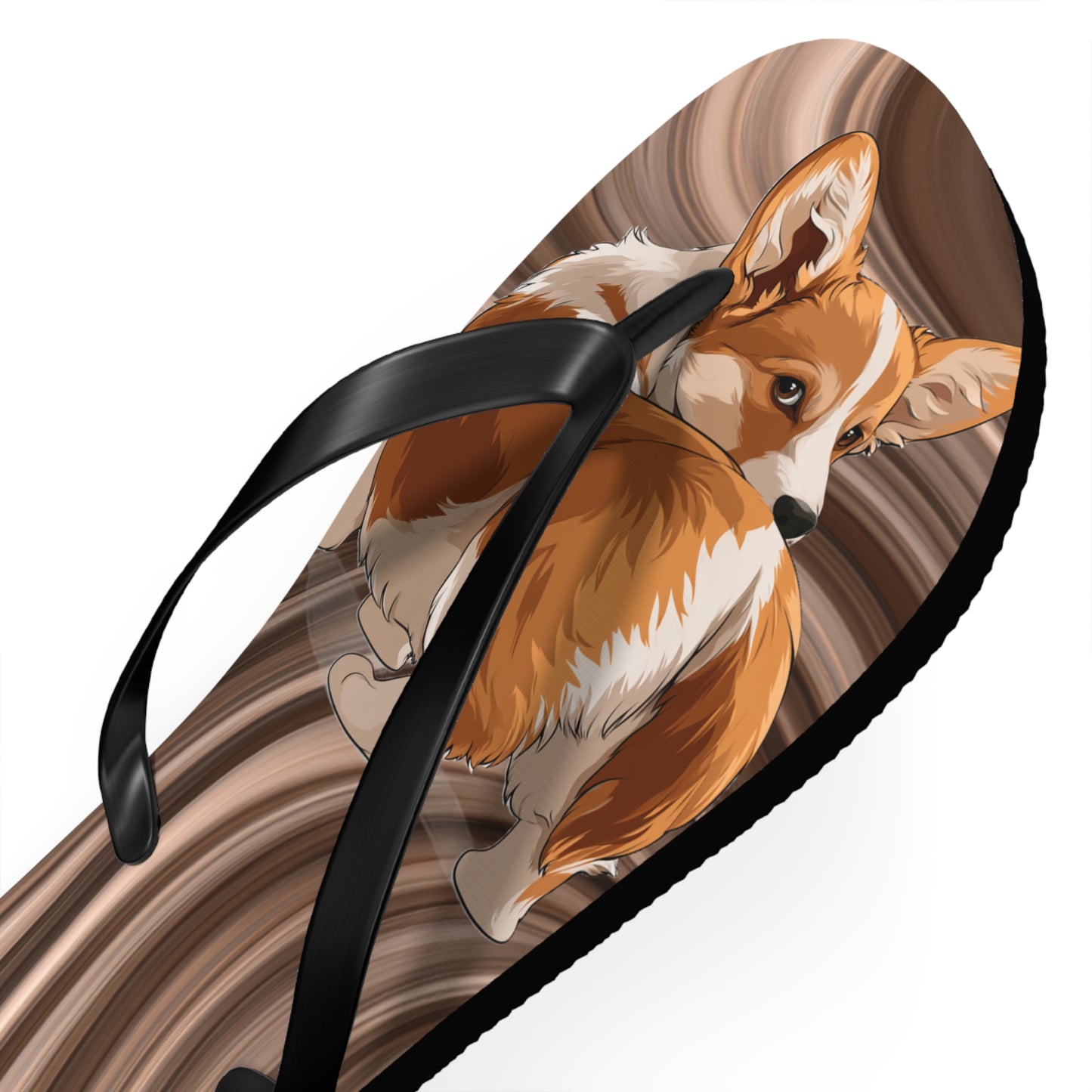 Butt What? Talk To The Butt Contemptuous Corgi Unisex Flip Flops – Comical Swirling Brown Corgi Beach Sandals