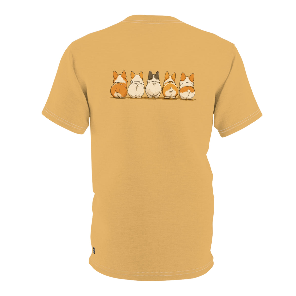 The Bottom Line Unisex Bold Designer Tee — Corgi Fanny Formation on Toasted Amber