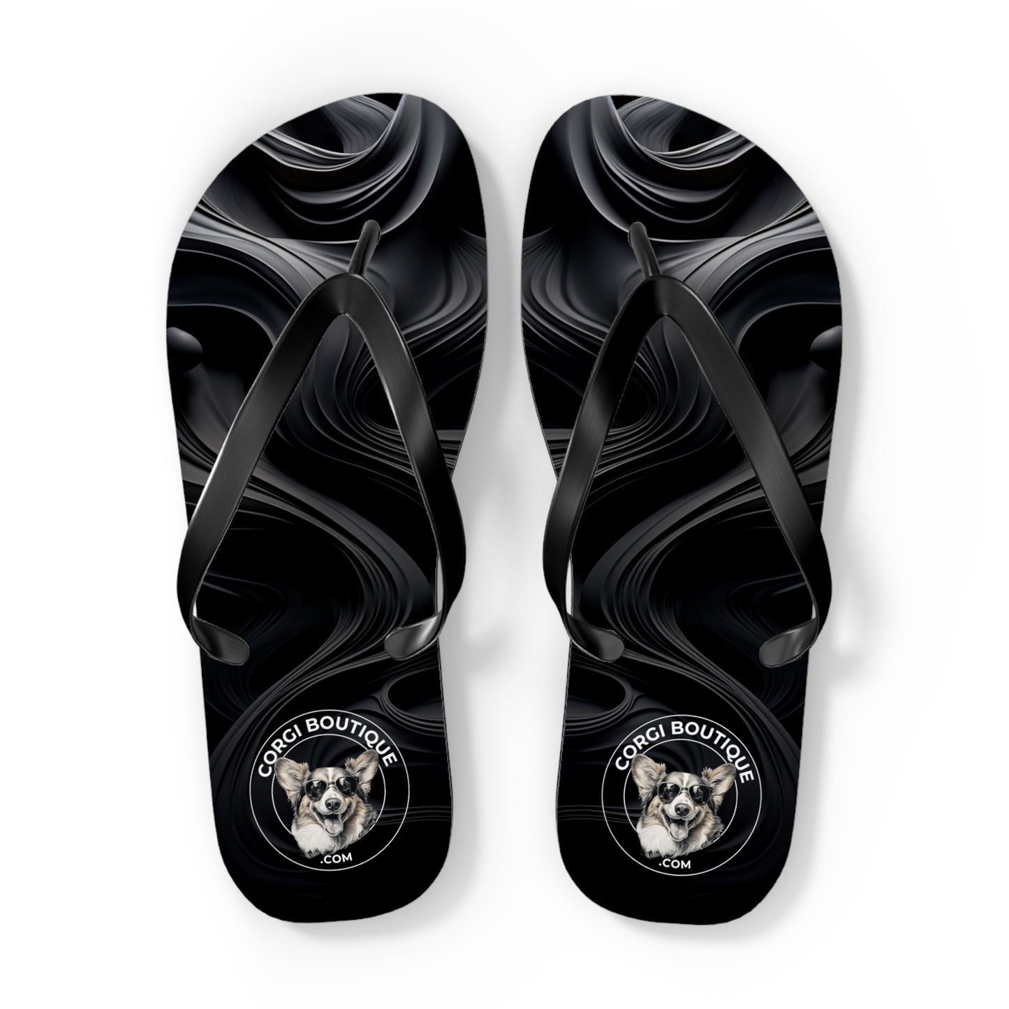 Corgi Boutique Black Swirl Flip Flops with our Custom Logo — Stylish Beach & Pool Sandals