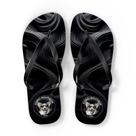 Corgi Boutique Black Swirl Flip Flops with our Custom Logo — Stylish Beach & Pool Sandals