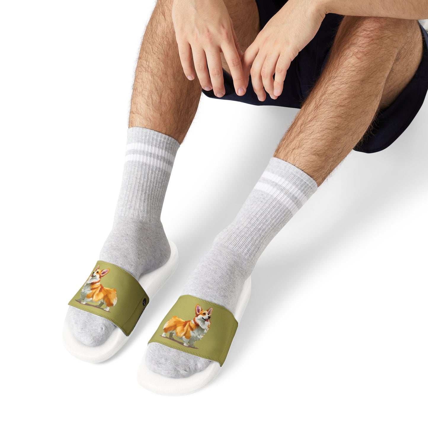Classic Queen's Corgi Artistic Illustration Men's Khaki Slide Sandals - Casual Pool & Beach Slides