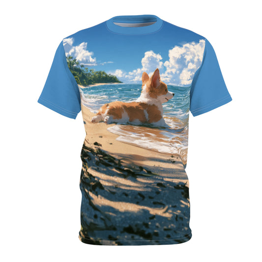 Splish-Splash-Sploot Unisex Bold Designer Tee - Mellow Mood on Mahalo Marine (Part of the Corgi Beach Day Collection)