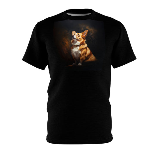 Pembroke Portrait Unisex Bold Designer Tee - Contemplating Corgi on Phantom Black