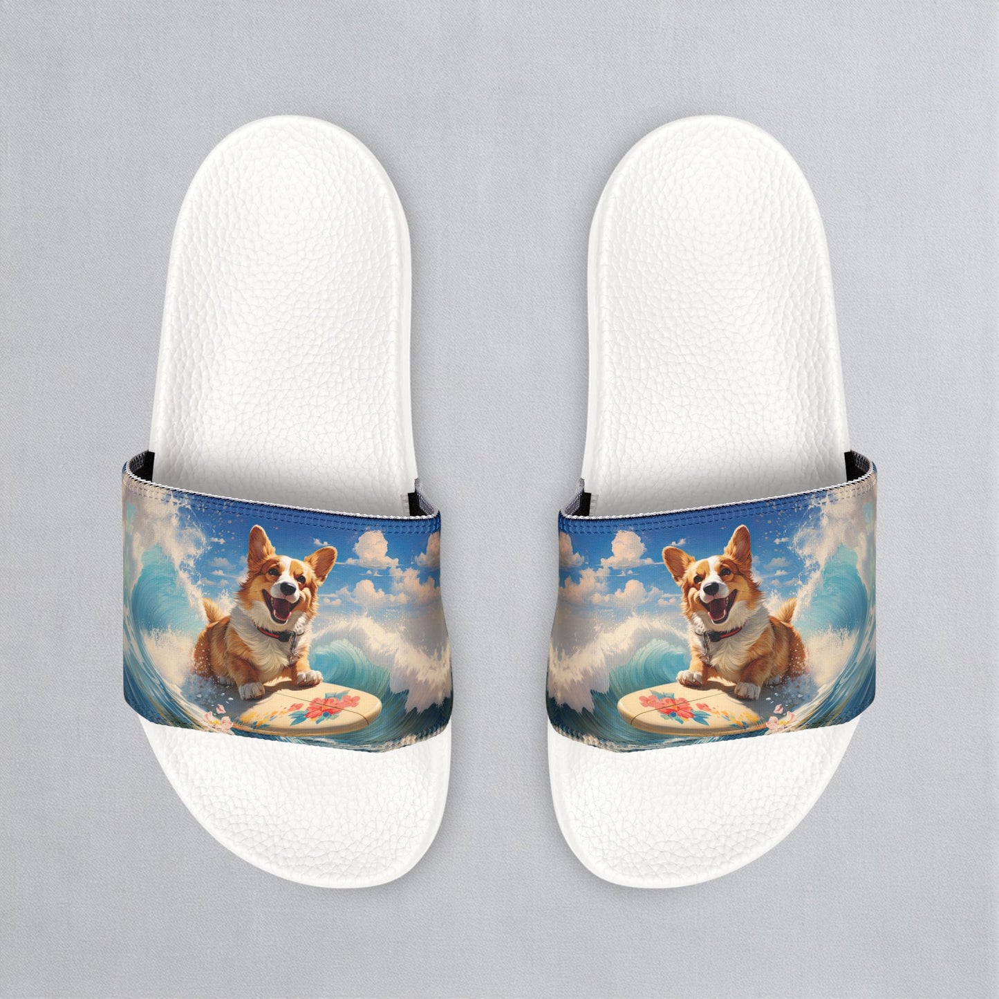 Cowabunga Corgi Big Blue Ocean Wave Men's Slide Sandals - Casual Pool & Beach Slides
