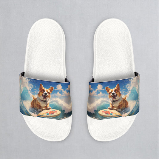 Cowabunga Corgi Big Blue Ocean Wave Men's Slide Sandals - Casual Pool & Beach Slides