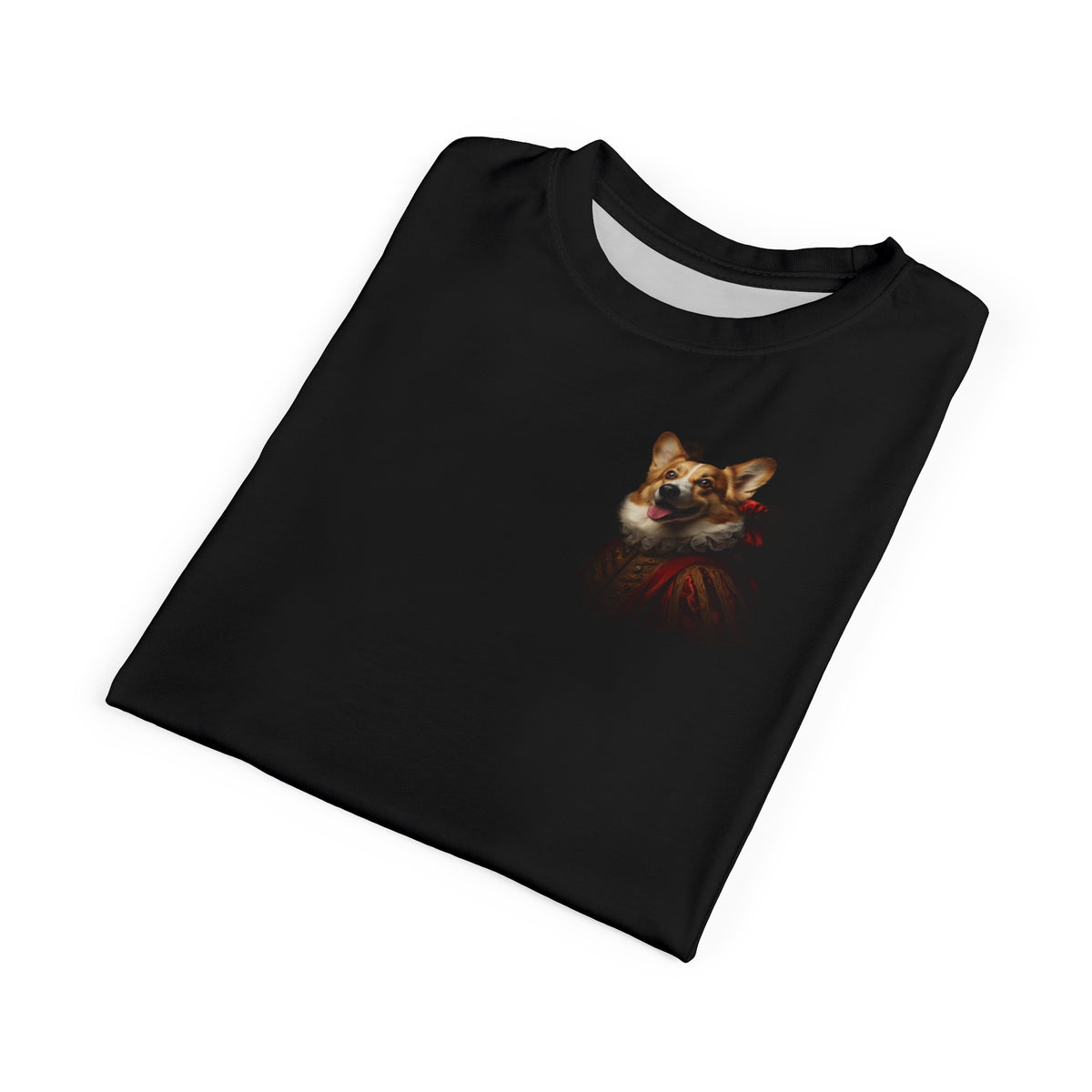 Renaissance in a Ruff Unisex Bold Designer Tee - Historic Corgi Portrait on Phantom Black with Antique Venetian Red Sleeves