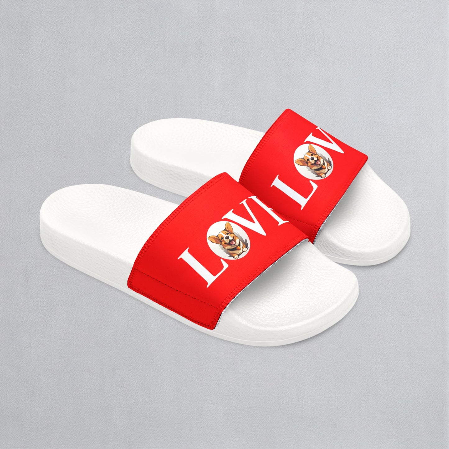Love More Corgi Women's Red & White Slide Sandals - Casual Pool & Beach Slides