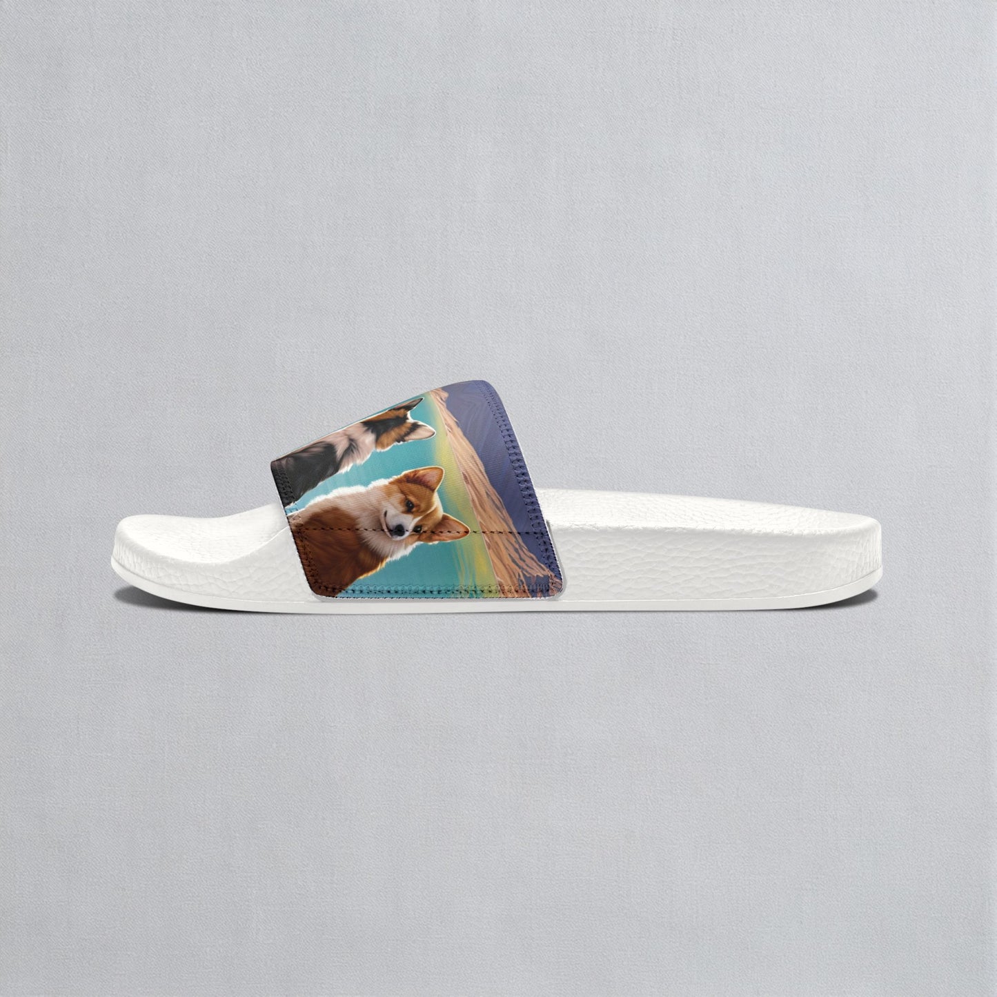 Corgi Lake Tranquil Portrait Men's Idyllic Slide Sandals - Casual Pool & Beach Slides