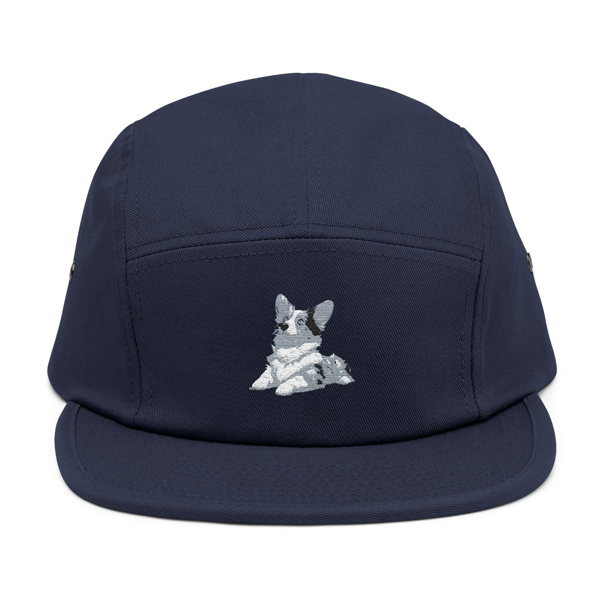 Blue Merle Majesty 5-Panel Embroidered Camp Cap — Designer Corgi Headwear in Monarch Navy or Phantom Black