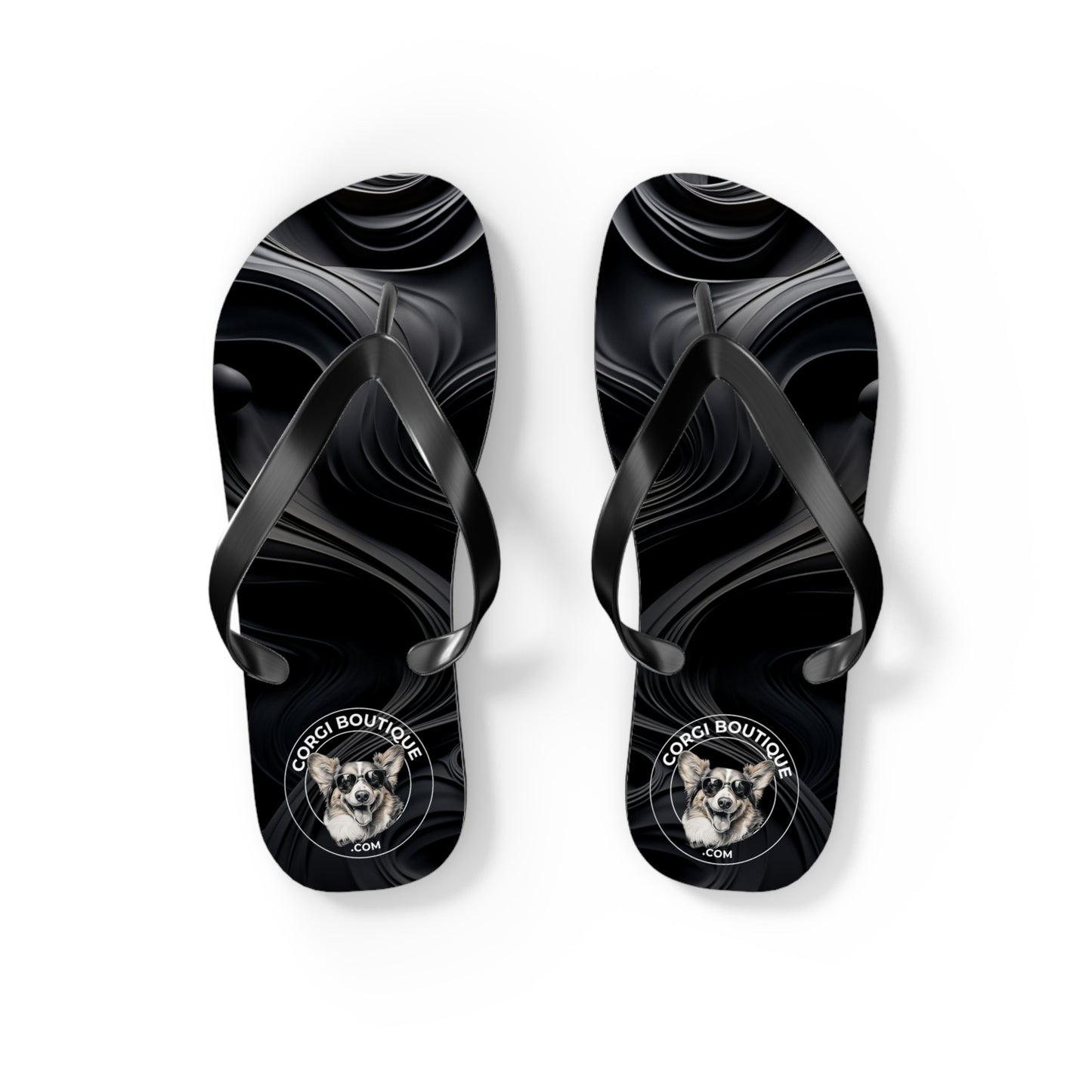 Corgi Boutique Black Swirl Flip Flops with our Custom Logo — Stylish Beach & Pool Sandals