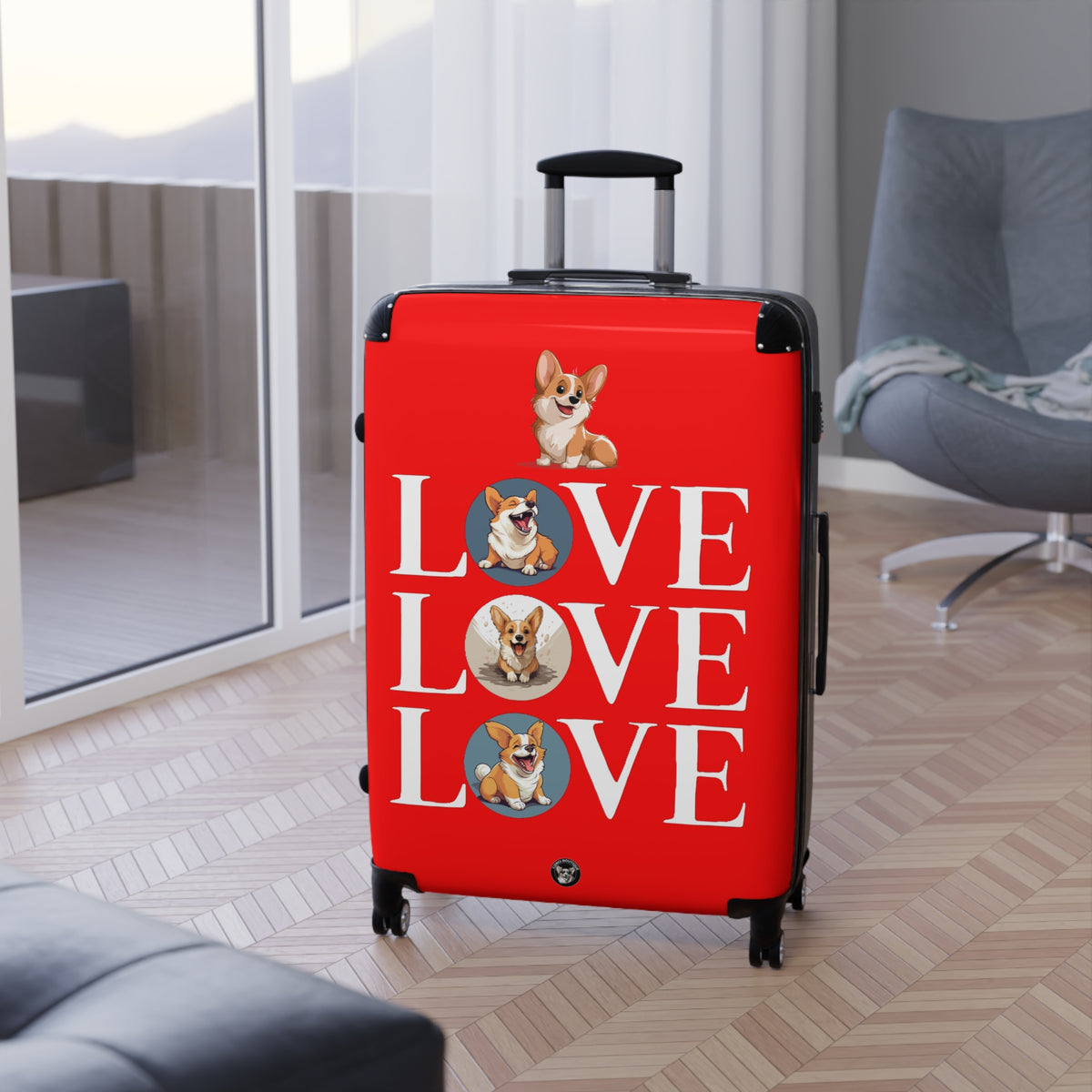 Corgi Love Suitcases — Red Rolling Luggage with Cute Corgi Animation