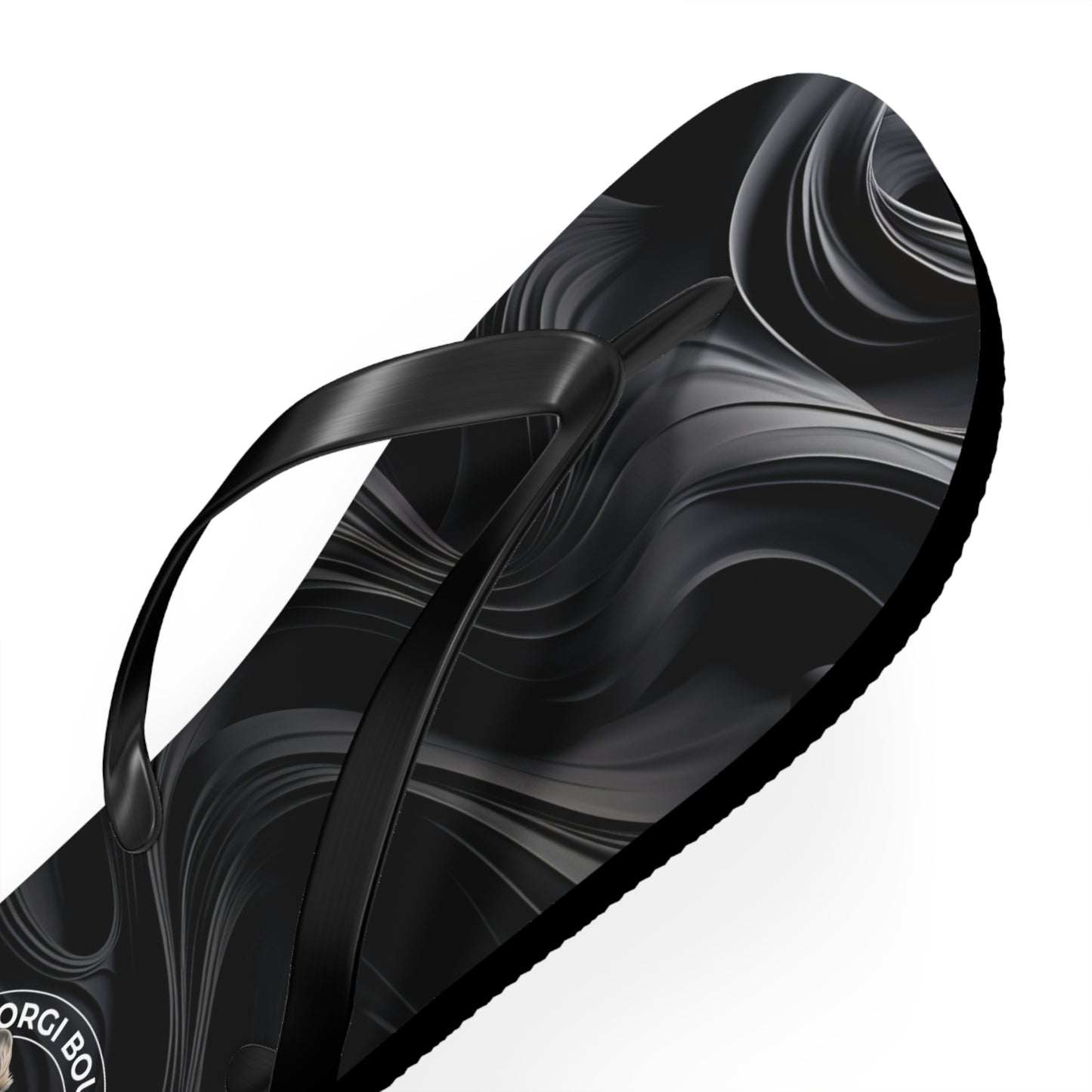 Corgi Boutique Black Swirl Flip Flops with our Custom Logo — Stylish Beach & Pool Sandals