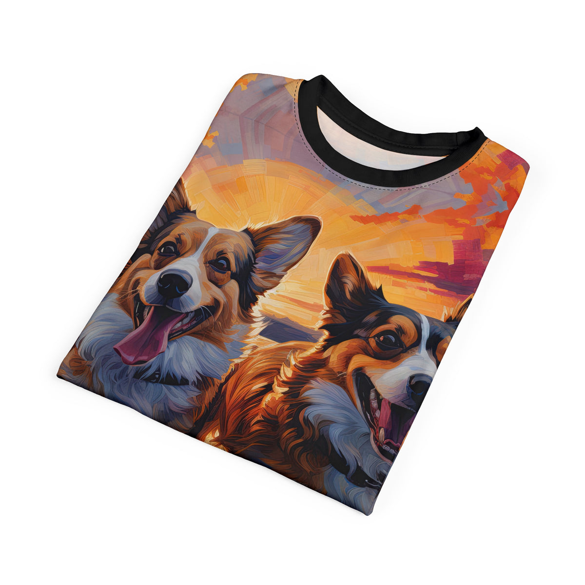 Beach Buds in the Swash Unisex Bold Designer Tee - Corgis at the Shore with Phantom Black Sleeves (Part of the Corgi Beach Day Collection)