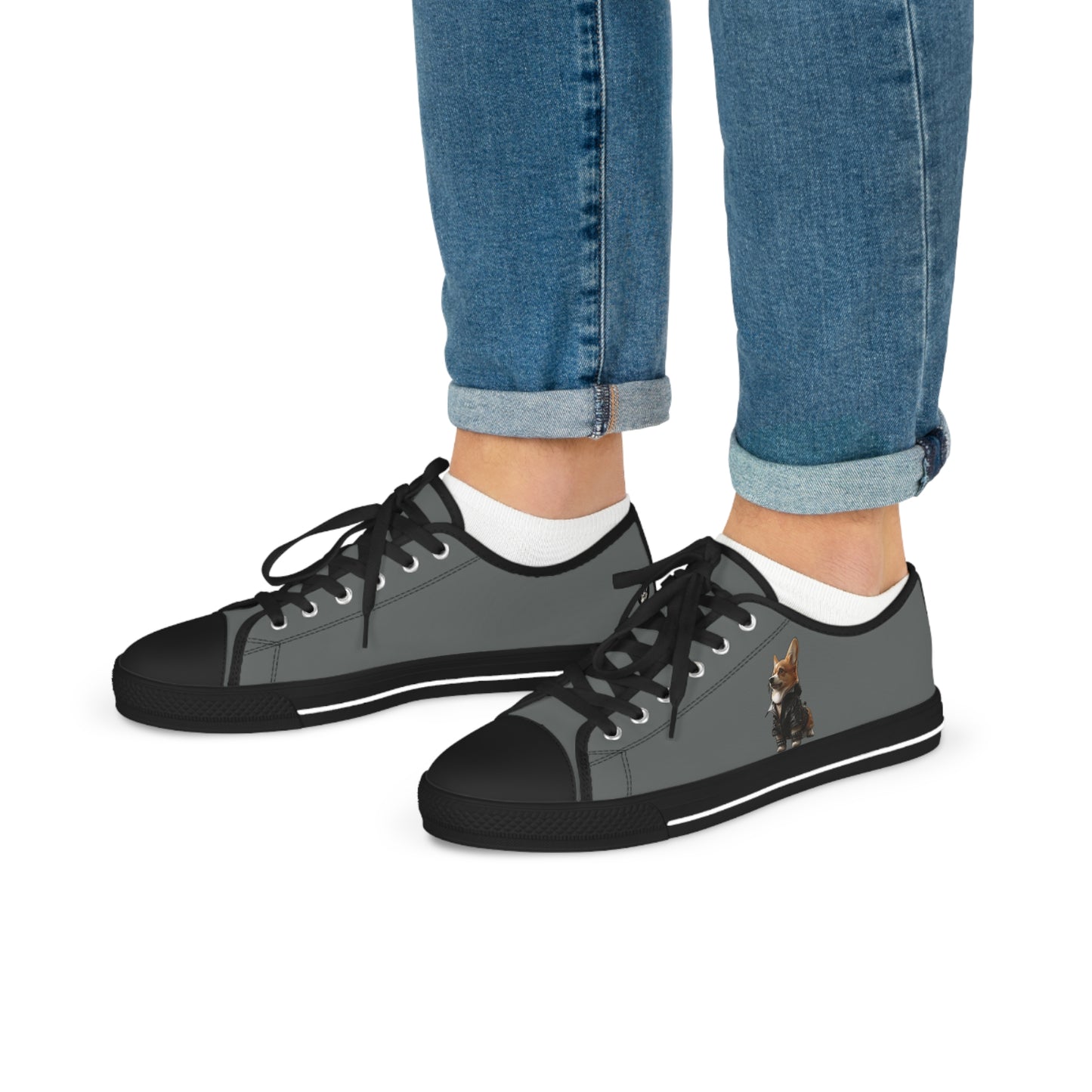 Leader of the Pack Men's Low Top Casual Charcoal Sneakers with a Leather-Clad Corgi