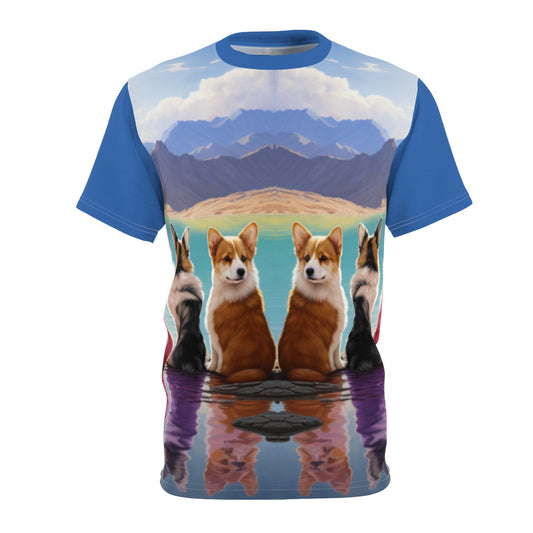 Mirror Lake Unisex Bold Designer Tee - Reflections of Corgi Companionship on Mirage Blue